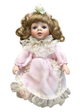 Geppeddo Collector Series Porcelain Doll 12" Pink Dress Blonde Curls Lace Detail